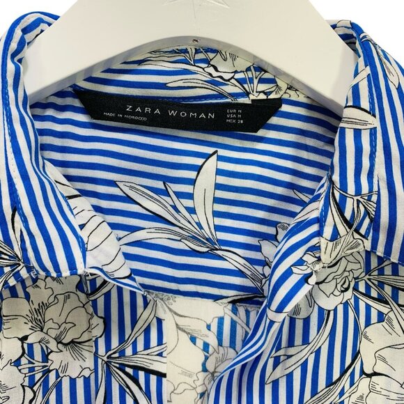 Zara  Women's blouse top  Blue White Stripe Floral Flowy Blouse size med - Picture 2 of 15